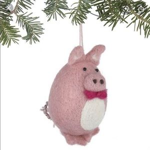 TWO (2) Crate & Barrel wool Pig w bow tie ornament